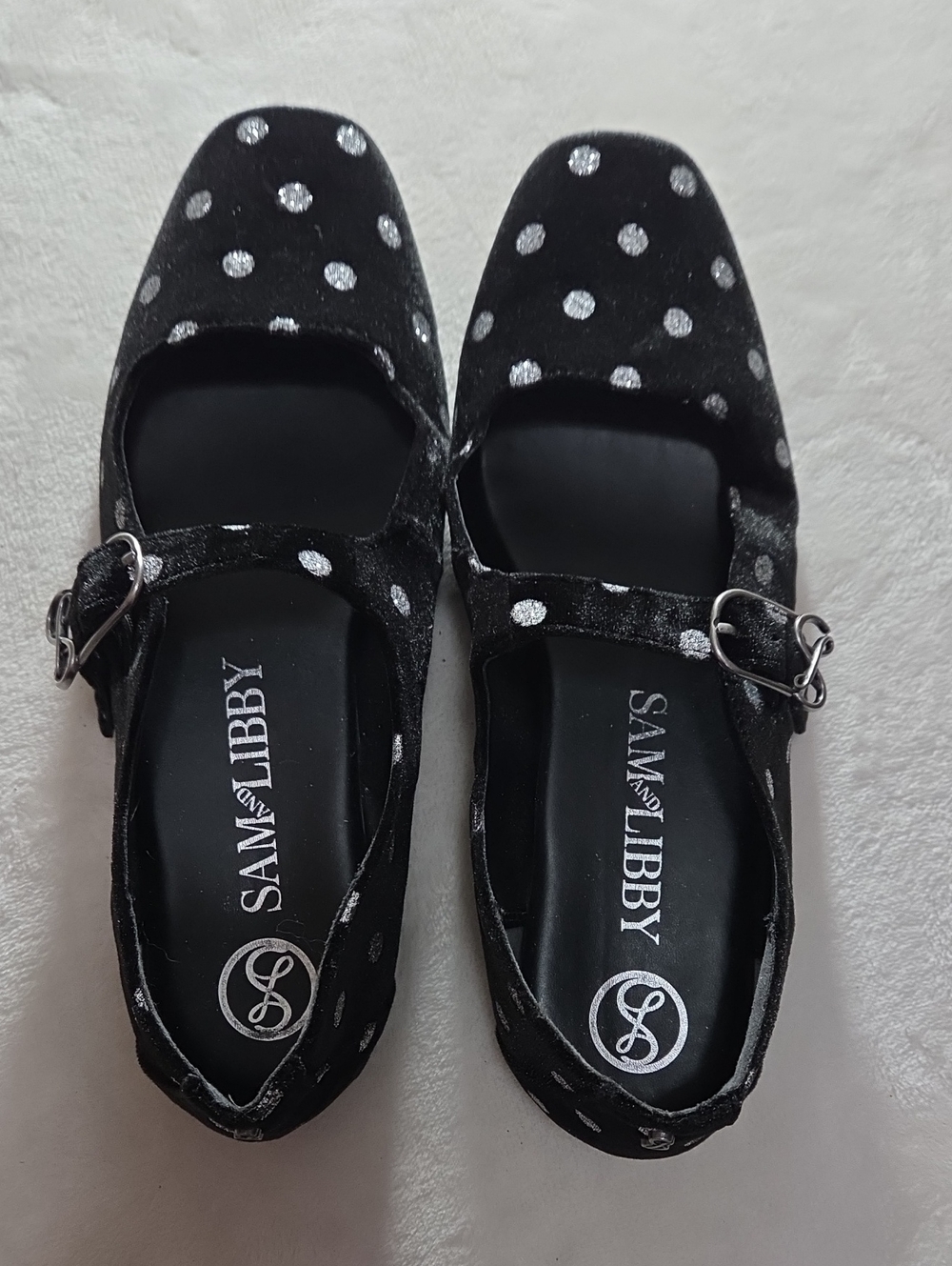 Sam & Libby Black Velvet Polka Dot Mary Jane Flats